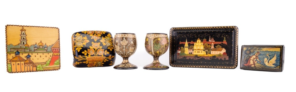 Decorated Lacquer Boxes & Egg Cups: Russian black leather box with swan signed , approx 2.5" hinged box, Russian black lacquer box with village scene signed, approx 5.5" x 3.5" x 2", Russian square box with enameled Russia scene , hand