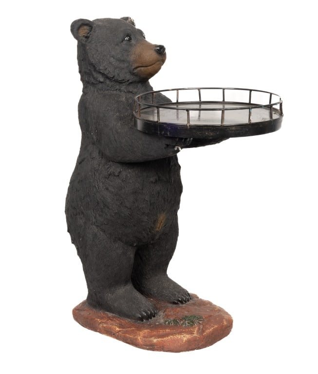 Black Bear Drinking Stand: Black bear holding a drink serving stand, measuring approx 32.5" H x 18" W at widest, tray approx 14" dia. This composite bear has a little bit of paint loss