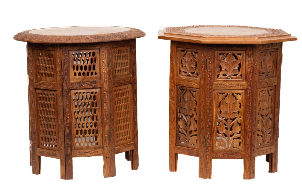 Pair of Exotic Wood Indian End Tables: Pair of Indian 20th Century end tables, each approx 18.5" H. Made with exotic wood.