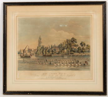 Robert Coombes & Charles Campbell Great Race: Antique lithograph of "The Great Race between Robert Coombes and Charles Campbell Championship on the Thames. Dated 1846 depicting rowing crew teams on the Thames.