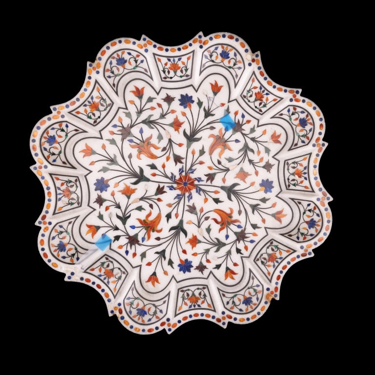 Marble White Platter w/ Stone Inlay: White marble or some other white stone platter / charger inlaid with other color stones. There are approx a dozen small pieces of missing inlay. (From the direct descendants of Baynard & Mary Gibson H