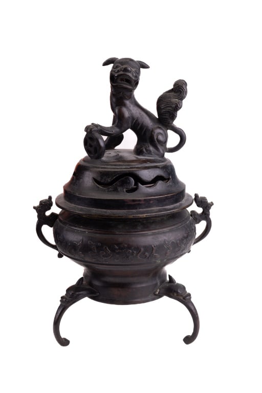 Antique Bronze Asian Incense Burner: Antique bronze incense burner with fu dog finial that has a medallion under left paw. Measures approx 11" H (From the direct descendants of Baynard & Mary Gibson Henry. Both were prominent figures and