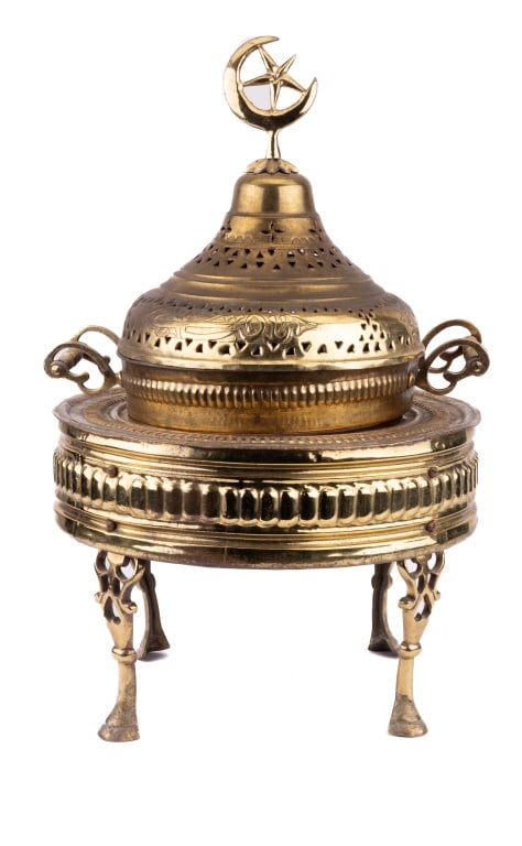 Brass Turkish Tent Heater: Turkish brass tent heater measuring approx 21" H with Turkish symbol on finial.