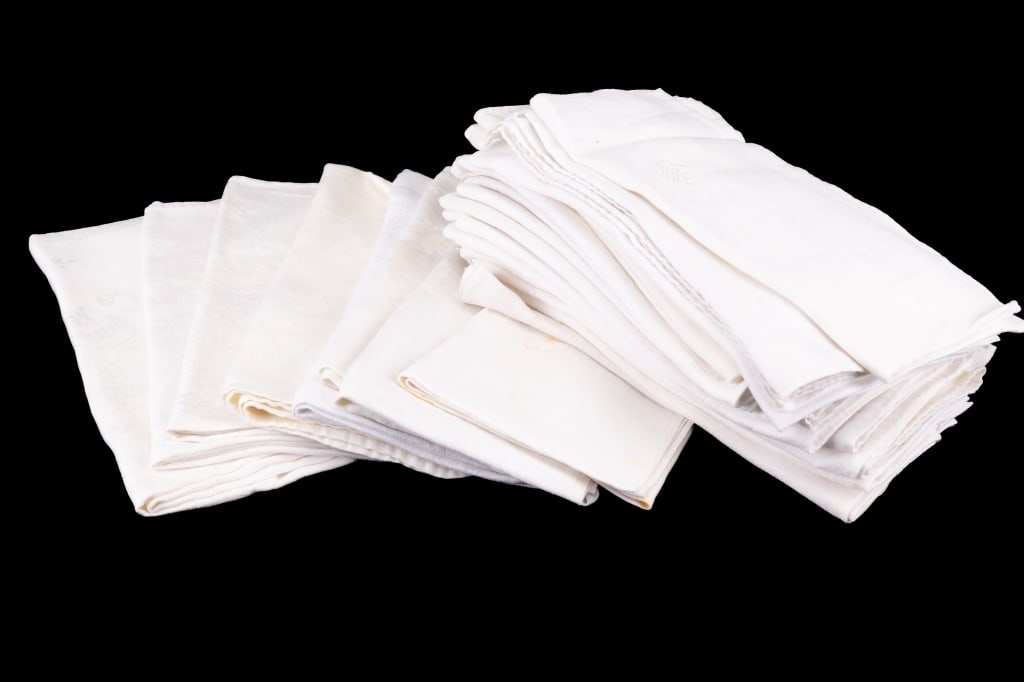 White Linen Napkins (24): 24 white linen napkins with floral design, in good condition.