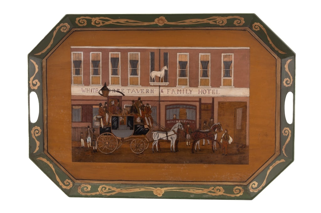 Tole Painted White Horse Tavern Tray: Tole painted tray of White Horse Tavern and Family Hotel, measures approx 27" x 19".
