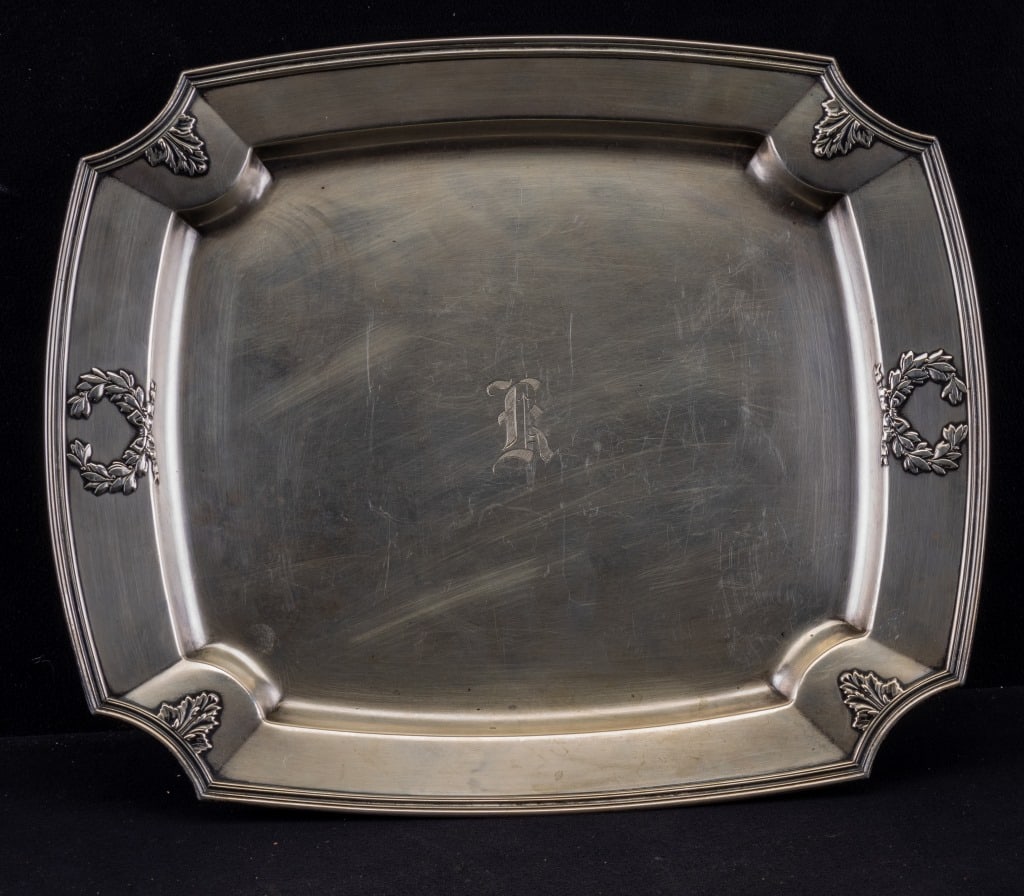 Sterling Silver Monogrammed Platter: Sterling silver platter that is hallmarked "W" and lion 9441 C. Comes with cloth cover. (From the direct descendants of Baynard & Mary Gibson Henry. Both were prominent figures and contributors in Phi