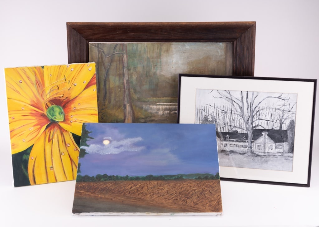 Henry Gibson Family Art (4): Four paintings from the Henry Gibson family including one signed M. Gibson and written "Mary Gibson, Wynnewood PA" on the back and three others that are not signed but likely art that was created by t
