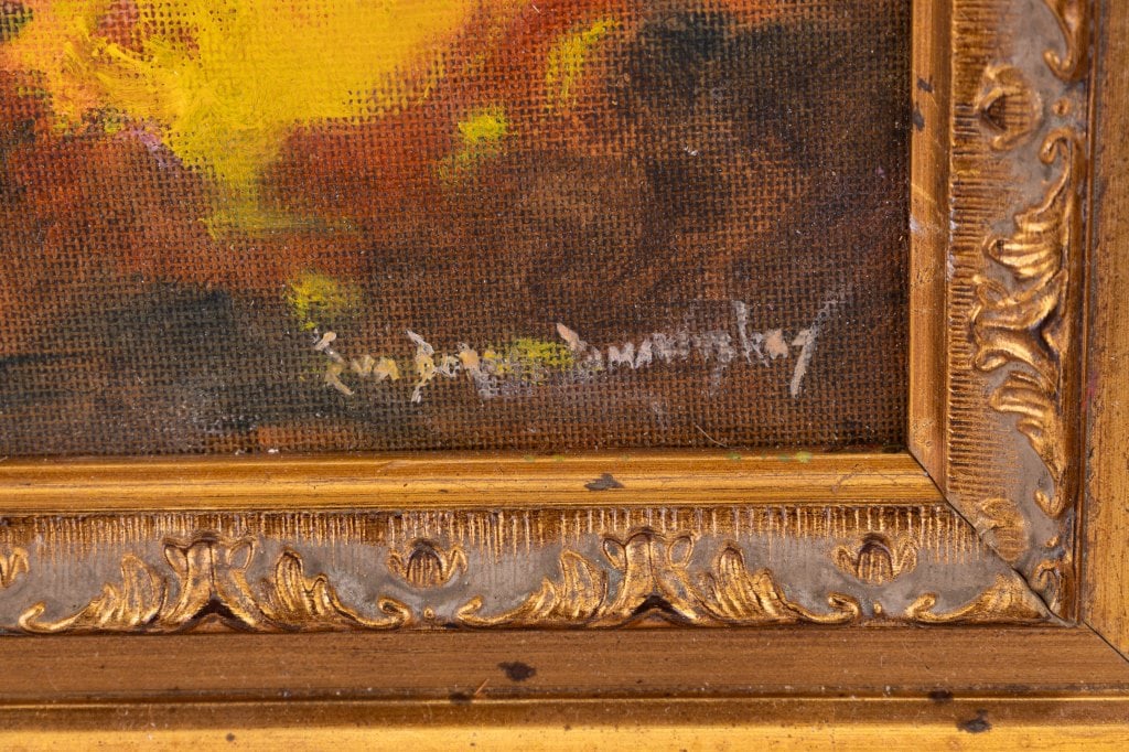 Eva Ramanuskas Oil Paintings (2): Two oil paintings in gilt frames by Eva Ramanuskas with titles "Winter Reflections" (approx 11.75" x 9.75"and "Sunset" (approx13.5" x 11.5").