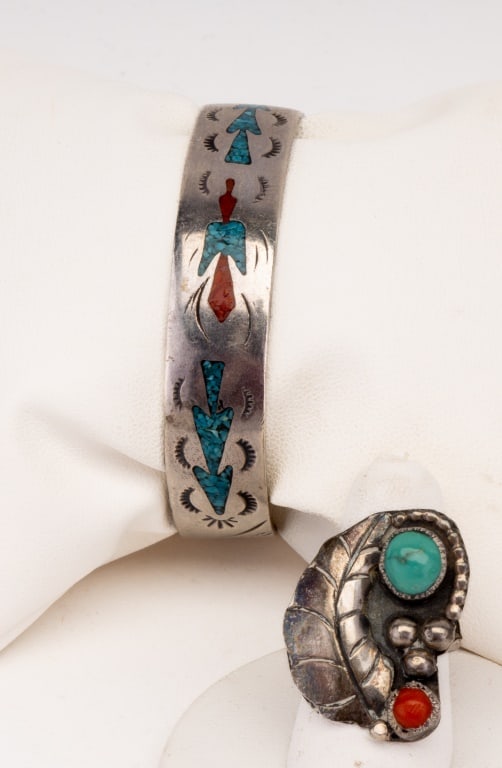 Early Native American Sterling Turquoise Jewelry: Hand hammered Native American unsigned sterling turquoise coral inlay design etched arrow bracelet and hand made large feather turquoise, coral detail ring. Bracelet measures approx 1.5" x 2" wearable