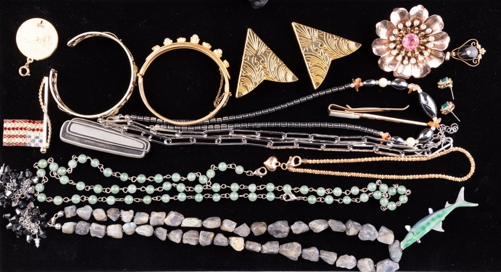 Vintage Jewelry Collection: Highlights include estate labradorite, sterling closure necklace, Krementz gold fill bracelet, Sweden mid century geometric brooch, fish, brooches, pins and more.