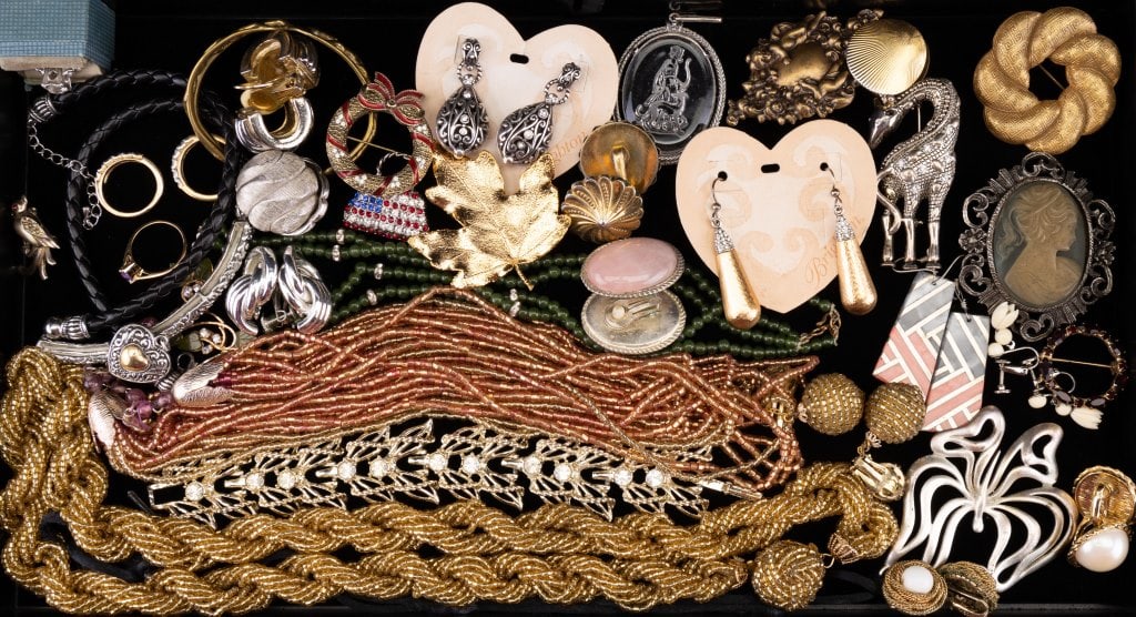 Brooches and Vintage Estate Jewelry: Highlights include cameo style leaf, figural and other brooches; Brighton earrings (new) and necklace, clip earrings, beaded necklace and more.