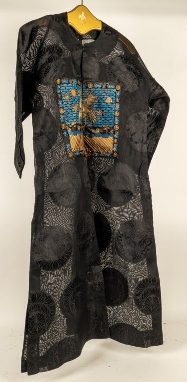 Chinese Rank Badge Silk Robe: Chinese rank badge from silk robe with embroidery of cranes, some use wear as expected with age. Measures approx 53" across the top and 47" total length.