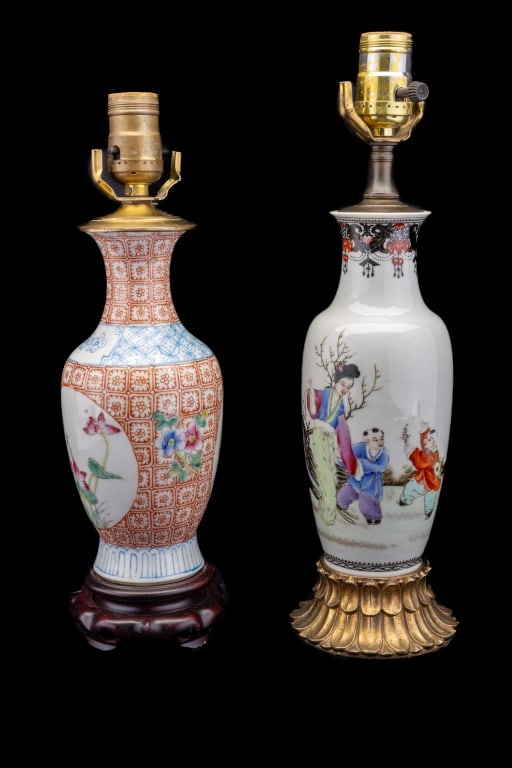 Chinese Vase Lamps: Two Chinese vases that have been converted into electrified lamps. The lamp with floral design measures approx 20" H and the family scene measures approx 24" H.