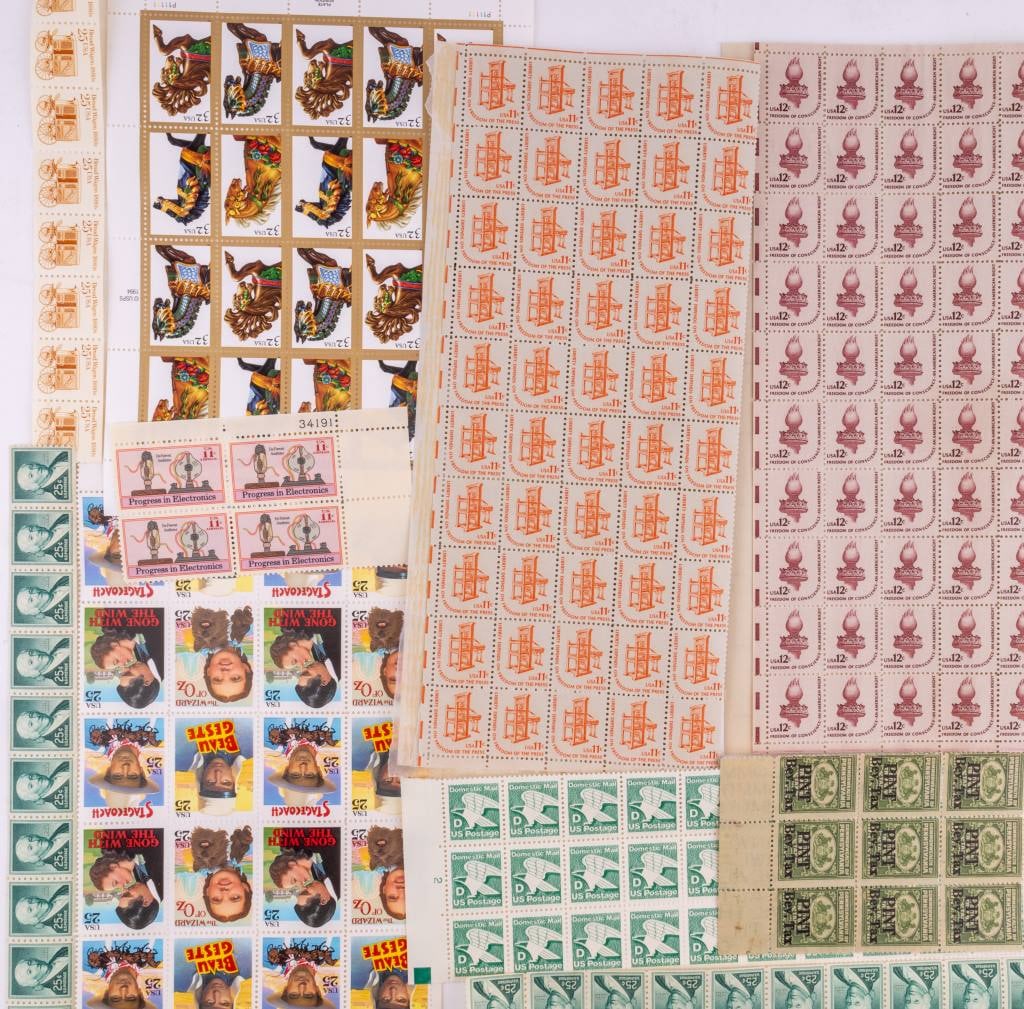 Stamps, 250+ United States Vintage Postage: Lot of 250+ USA postage stamps including 32c (20), 25c (70), D (30) (Forever), 14c (8), 12c (100), 11c (104), 7c (32) and 9 Tax Stamps PA Liquor.