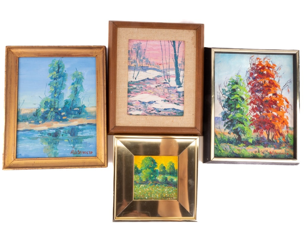 Richard D Schultz (Am, 1915-2007) Landscapes (4): Four Richard D Schultz (Am, 1915-2007) oil paintings, all signed by the artist and framed. Titles of the paintings include: "Morning Glory", "Move Over For Fall", "Evening Glow" and "Aging Companions"
