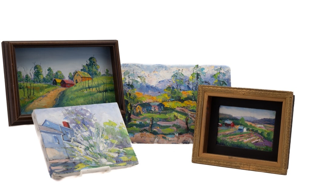 Richard D Schultz (Am, 1915-2007) Landscapes (4): Four Richard D Schultz (Am, 1915-2007) oil paintings, all signed by the artist, two deep shadowbox style framed and two unframed (one canvas, one board). Titles of the paintings include: "Spring Arriv