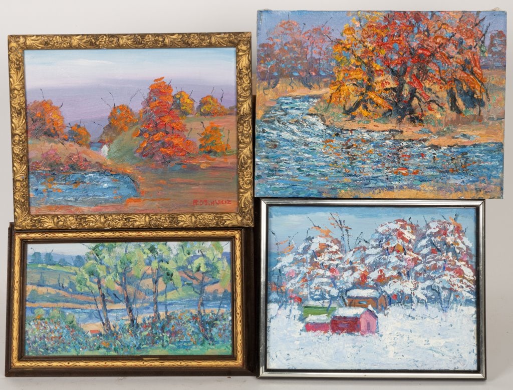 Richard D Schultz (Am, 1915-2007) Landscapes (4): Four Richard D Schultz (Am, 1915-2007) oil paintings, all signed by the artist, three framed and one unframed on canvas. Unframed painting measures approx 12" x 16". Titles include: "Guppy Pond", "Fal