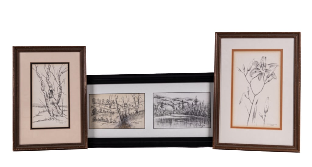 Richard D Schultz (Am, 1915-2007) Drawings (4): Three framed pieces (one has two drawings for a total of 4 in the lot) originals by Richard D Schultz (Am, 1915-2007) all signed by the artist c 1980s. The single tree is titled "Squirrel Nest" pencil