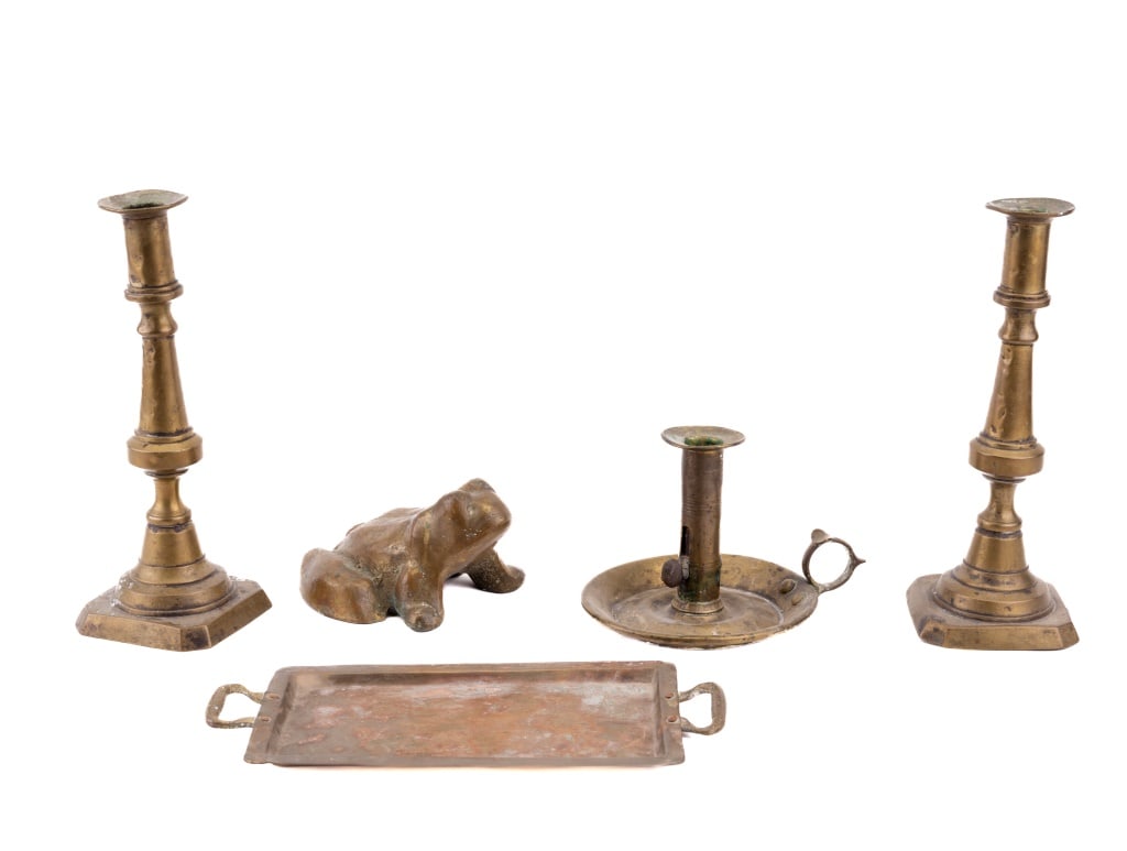 Brass Candle Sticks, Frog & Tray: Brass items consisting of two candle sticks (approx 9" H), finger candle holder, frog and tray. See photos