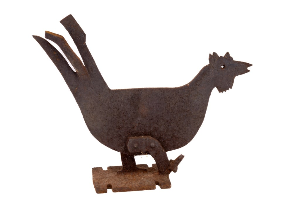 19th / 20th C Sheet Iron Rooster Boot Scraper: 19th / 20th Century sheet iron rooster boot scraper. Measures approx 10.5" H x 13" H x 3" D. Has oxidation as seen in photos.