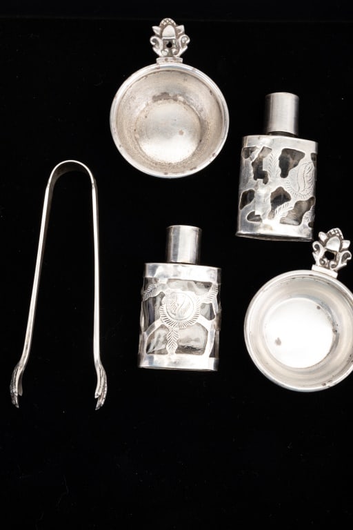Sterling Silver Items (Salts, Tongs etc.): Sterling silver items including a pair of sterling tongs (approx. 3.5"), two sterling salts resembling Georg Jensen pattern (approx. 1.75" diam.), two sterling perfume bottles (approx. 2.25" high)Salt