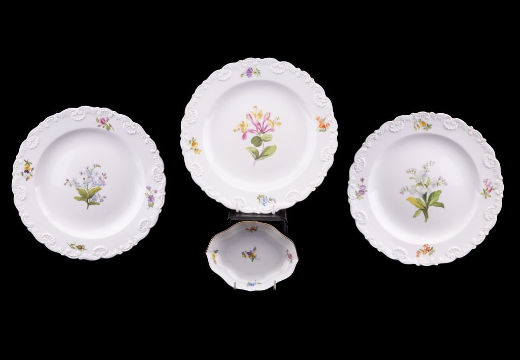 Hand Painted Meissen China: Four pieces of hand painted Meissen China including three 8.5" dia plates and an approx 4.5" dia dish.
