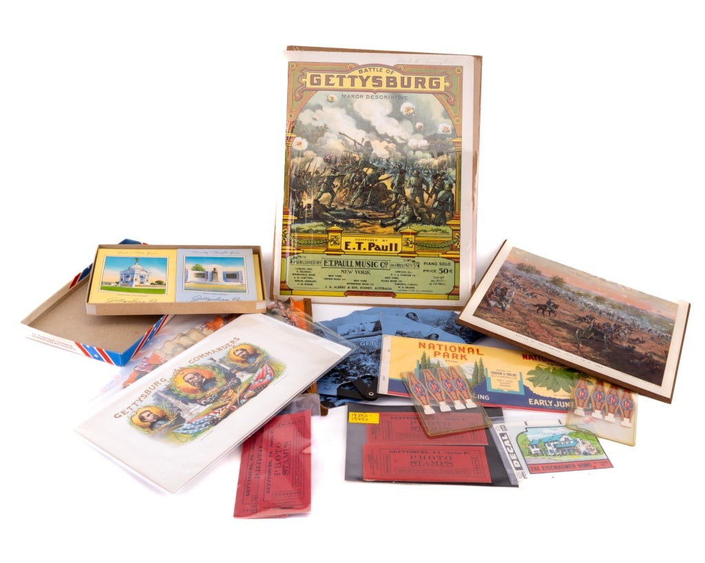 Gettysburg Cigar Labels, Photo Stamps & More: Gettysburg Civil War souvenirs and ephemera including 2 fans, Gettysburg pea labels, souvenir photo stamp booklets, Gettysburg Scenes correspondence notes, cigar bands and labels, two posters and more