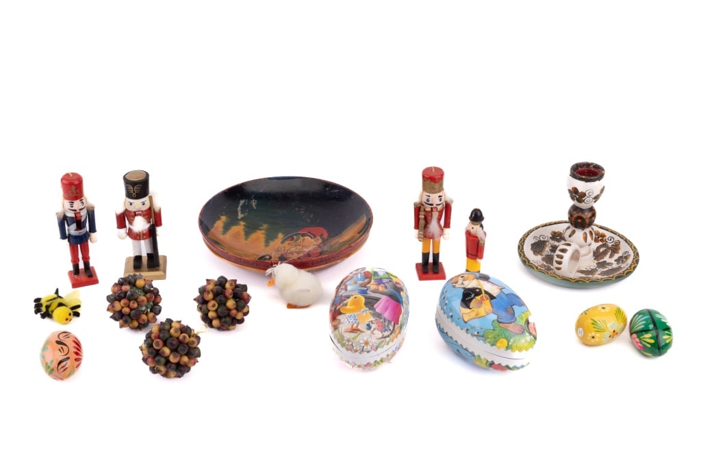 Christmas & Easter Holiday Themed Items: Lot of wooden and other holiday themed items including 2 egg boxes, three Polish hand painted eggs, Polish fruit balls, three small decorative nutcrackers, hand painted finger candle and European hand