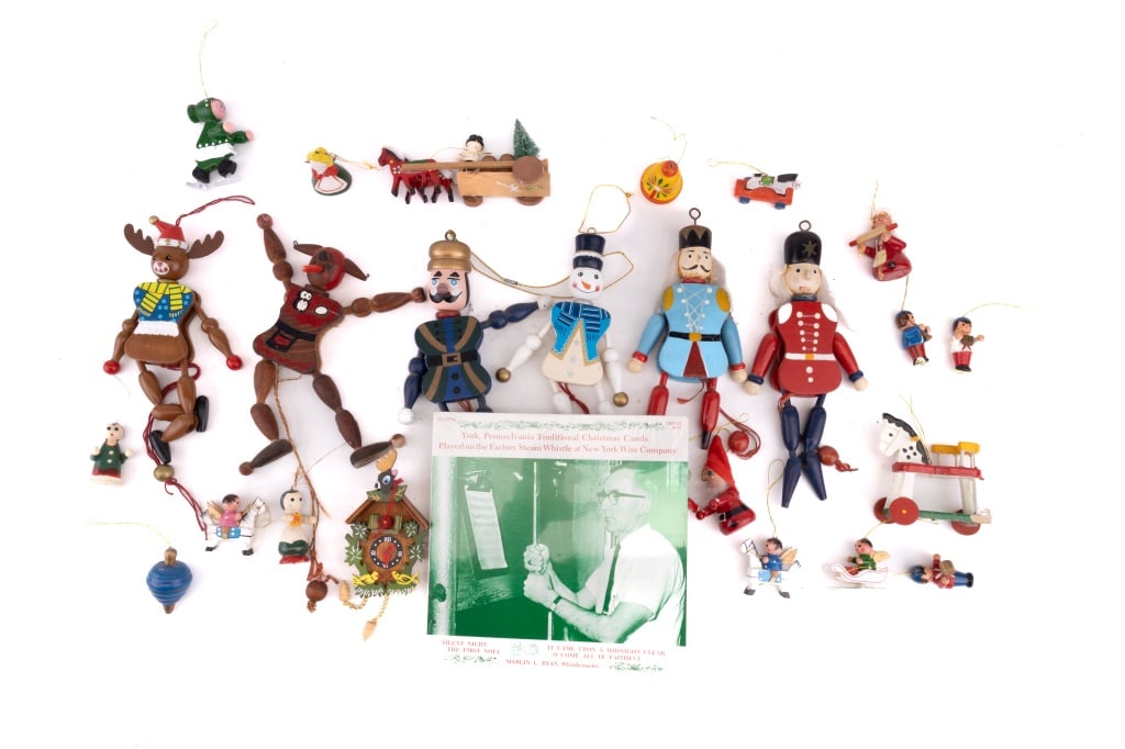 Christmas Vintage Nutcrackers, Ornaments: Six nutcracker style hanging ornament / puppets with moveable bodies. The oldest (with raw wood) measures approx 7" L and is marked made in Austria on reverse. There are also a variety of wooden vinta