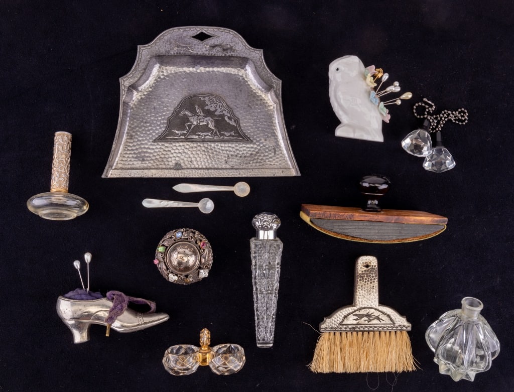 Stick Pin Holders, Decorative & More: early salt cellar with gild accents, wooden rocking ink blotter, 2 stick pin holders (porcelain owl and metal shoe), mother of pearl salt mini spoons, crystal light pulls, metal dustpan and matching b
