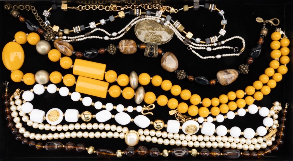 Seed Pearl & More Vintage Necklaces: seven vintage costume necklaces including butterscotch marked "T", Chico's art glass, LCI faux pearl choker, seed pearl necklace with real pearls, LC white and gold balls and OB gold tone Silverton cu