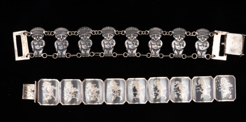 Sterling Siam Damascene & Coin Silver Bracelets: Two bracelets: Sterling Siam damascene bracelet (approx 6.5") and a coin silver 900 bracelet with figures (approx 7" L).