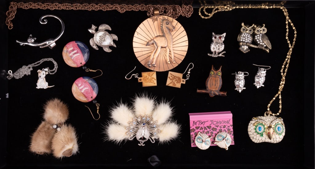Sterling & More Animal Themed Jewelry: 14 pieces of animal themed jewelry including a sterling silver GDS turtle with mother of pearl, sterling owl with marcasite on the body and garnet eyes, 2 mink fur brooches. There are a pair of Betsey