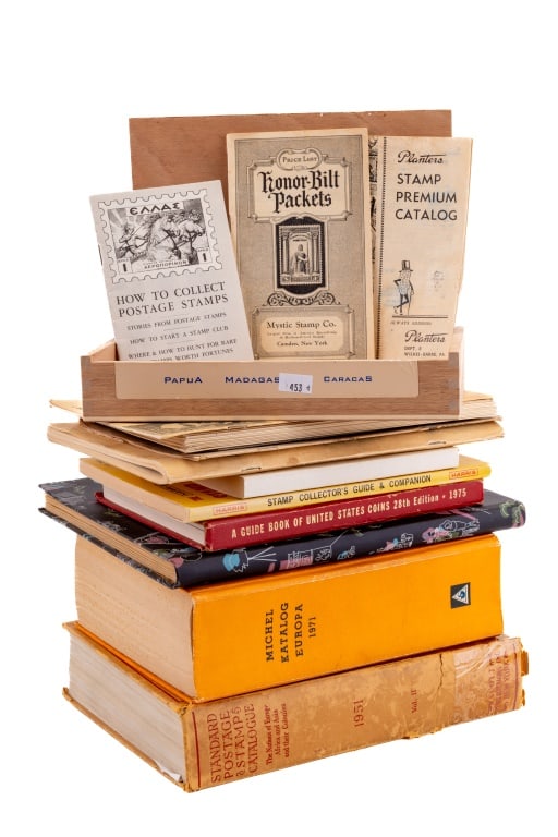Stamp / Philatelic Collector Books & More: Cigar box, stamp album with German and other European stamps, 15+ pamphlets, books and more. See photos.