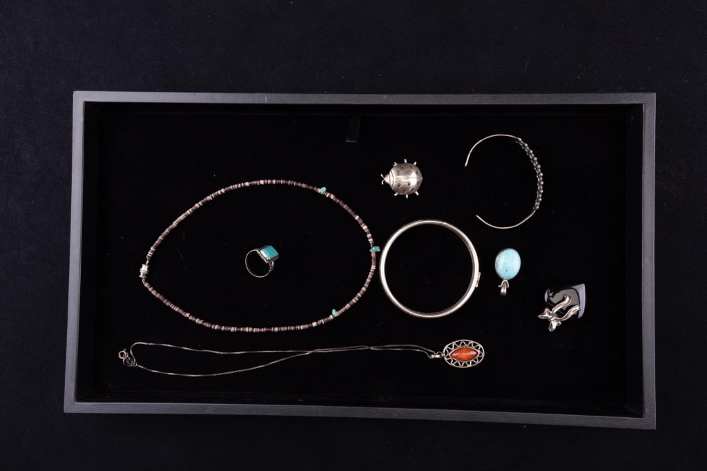 Sterling Turquoise, Harley Davidson & More Jewelry: 8 pieces of sterling silver and Harley Davidson jewelry including necklace with real turquoise, ring (size 7.5) and pendant with real turquoise, black onyx heart pendant, bangle has Harley logo, cuff