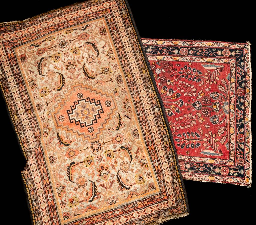 Two Middle Eastern Rugs: Two Middle Eastern rugs with red and various hue design. One measuring approx 38" x 51" and the other approx 41" x 67".
