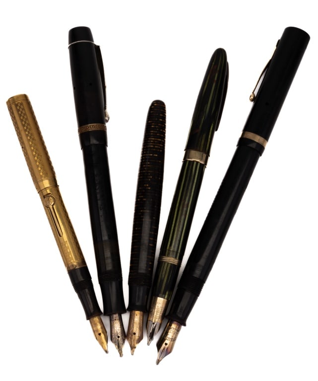 Antique Fountain Pens (5): Five antique fountain pens including Sheaffer (2) Waterman's Ideal New York Ideal Parix