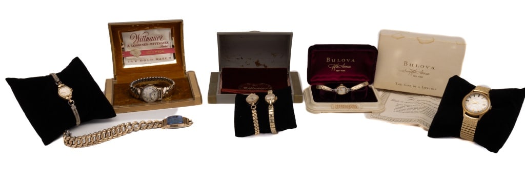 Bulova, Helbros, Elgin & More Antique Watches: Five wrist watches including 2 Helbros, Bulova blue faced Art Deco (band needs to be fixed), Time , Elgin rolled gold plated (has a chip on corner of crystal). There are also 3 jewelry boxes.