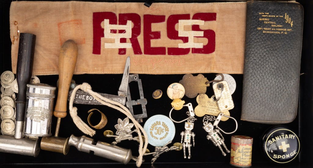 Powder Measure, Press Armband & More: WW2 era "Press" arm band powder measures (big report, James Dixon & Son) "Boy Merica" pocket knife Spalding Whistle Gun Sight First Aid Tins Celluloid baseball pins, mechanical robot keychains dog tag