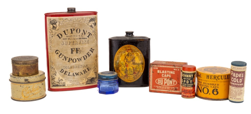 Gun Powder, Blasting Cap & More Advertising Tins: Nine advertising items including gun powder, blasting cap, and more antique advertising tins. Names include Dupont, Hercules and more.