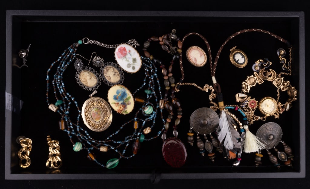 Vintage Beaded, Brooches & More: Assorted bead necklaces one with red pendant, assorted faux cameo including black and white Coro piece and Victorian style faux Cameo earrings. Jenny B Quartz movement nautical watch and assorted earr