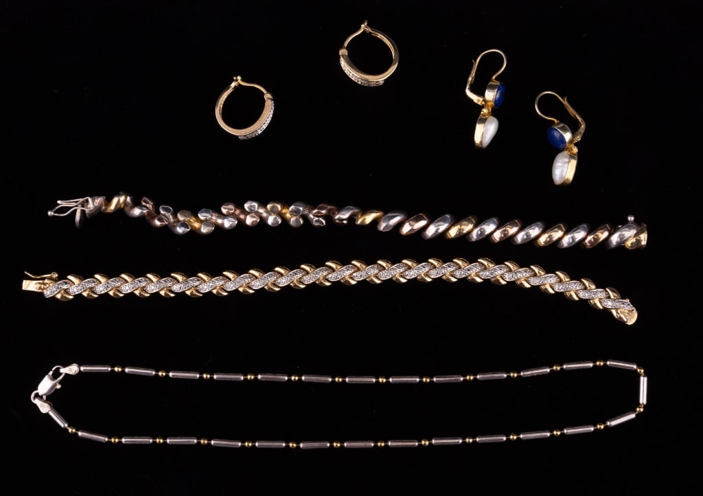 Sterling w/ Gold Overlay Bracelets & Earrings: Sterling Silver with Gold overlay Ross Simons tennis bracelet and matching earrings, Italian Sterling necklace with gold overlay balls (approx 15" L). Also includes a heavy tri-colored Italian Sterlin
