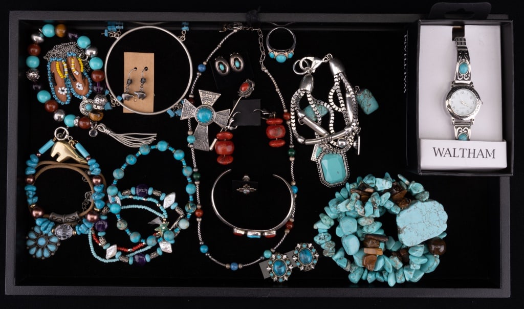Sterling, Turquoise, & More Jewelry: Tray of sterling, turquoise, and faux turquoise jewelry featuring a 19" Relios Inc. sterling necklace with lapis, carnelian, turquoise, malachite, and coral beads; a pair of 3 piece coral drop earring