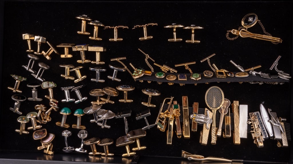 Men's Jewelry Collection: Men's jewelry collection featuring diamonds, MOP, natural stones, sterling silver, gold-filled items. Some marked Anson, Hickok, Correct, Shield, and Swank. Tray has 24 pairs of cuff links, 18 tie bar