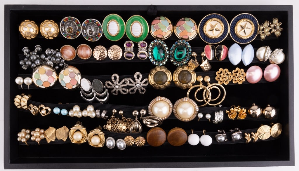 Clip & Screw-back Earrings: A collection of clip and screw-back earrings featuring Lisner, Trifari, Monet, Sarah Coventry, Hong Kong, Japan, and many more.