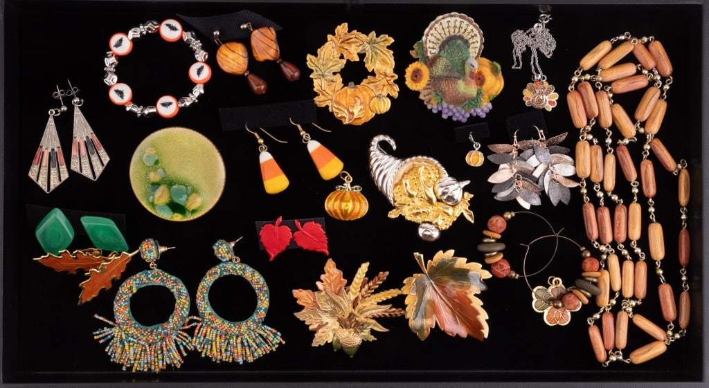 Fall Themed Jewelry: Fall themed costume jewelry featuring turkeys, pumpkins, fall leaves, candy corn, a cornucopia, and more.