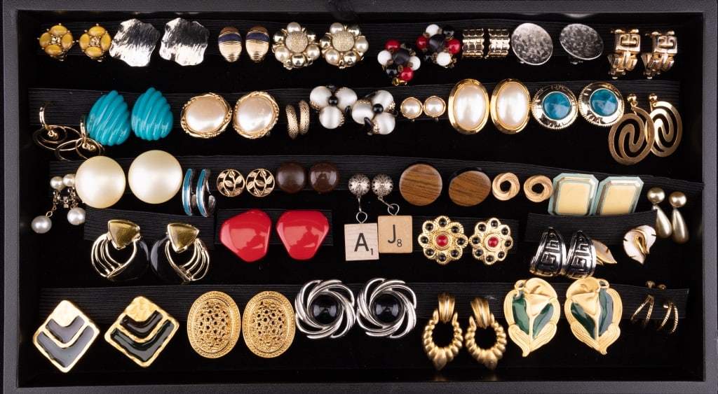 Clip & Screw-back Earrings: 38 pairs of clip and screw-back earrings featuring Lewis Segal, Richelieu, Trifari, Georgiou, Napier, Marvella, Monet, Avon, Japan, and more.
