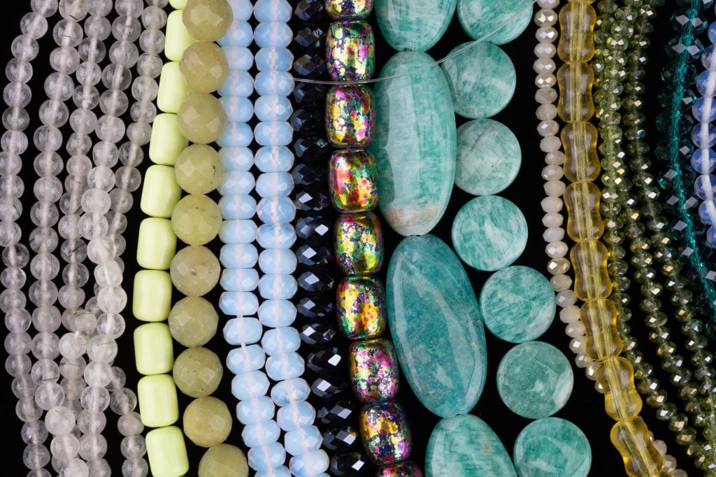 Semi-Precious & Vintage Strands: Various emerald green hue moonstone type, seaweed to other hue strands, sterling copper toggles and more.