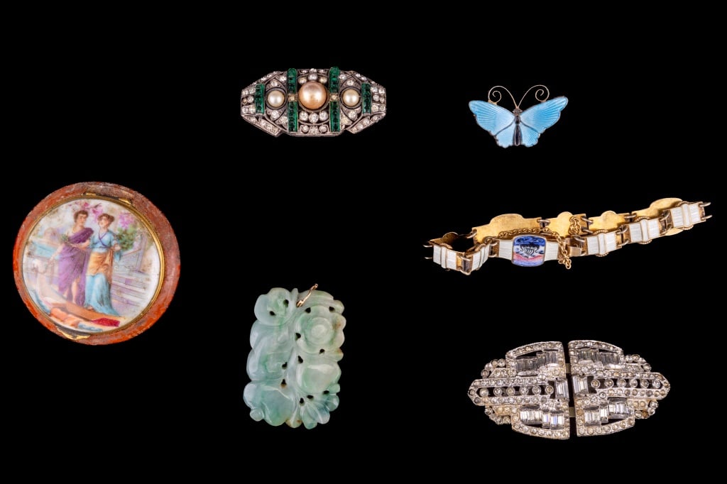 Antique Sterling Jade Estate Collection: Highlights include David Andersen gilt sterling enamel bracelet and butterfly pin, jade large well carved floral fruit unmarked gold pendant, Coty porcelain early compact, Art Deco sterling brooch and