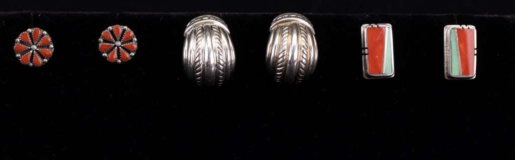 Judith Ripka Sterling Silver & Other Earrings: Includes a pair of Judith Ripka sterling silver hoop earrings and includes two pairs of Native American silver earrings with various stones.